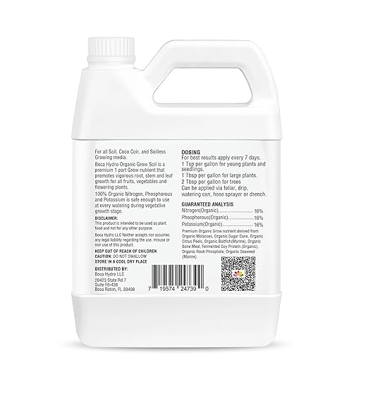 Grow Soil Organic Liquid Plant Food 16-10-16 NPK Base Grow Fertilizer with Amino Acids &amp Micronutrients Complete Organic Nutrition for Strong Vegetative Growth and Healthy Roots