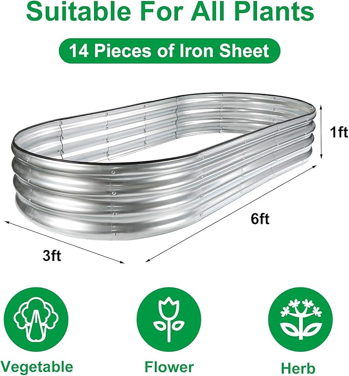 JERIA 2 Pcs 6×3×1ft Oval Raised Garden BedGalvanized Raised Garden Bed Kit Outdoor Metal Gardening Planter Box for Vegetable Fruits FlowerHerbs