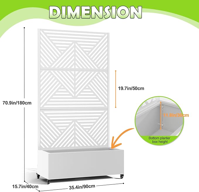 15.7×70.9×35.4 Metal Raised Garden Bed with Trellis and Wheels - Tall Trellis Planter Box for Climbing Plants Vegetables &amp Vines - Outdoor Privacy Planters for Patio (White-Zodiac)