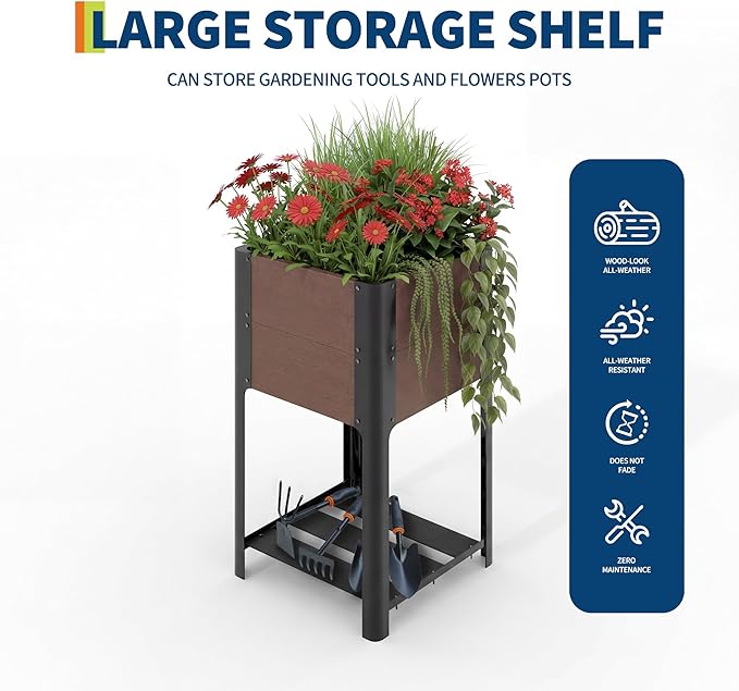 PeakPursuit All-Weather Elevated Garden Bed with Storage Shelf HDPE Wood Grain Planter Box &amp Sturdy Black Aluminum Frame for Vegetables Herbs on Patio Balcony19 l x 33 h