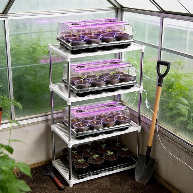 3 Pack 12 Cell Seed Starting Trays with Clear Domes and Growing Lights &amp 4 Inch Clear Seedling Pots 36 Pack Plant Nursery Faster Propagation Kit 3 Sets for Seeds Vegetables Herbs