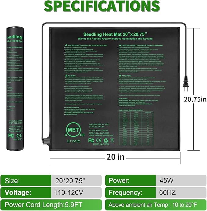 Seedling Heat Mat 20 x 20.75 Warm Hydroponic Plant for Indoor Gardening Germination Starting Waterproof Durable