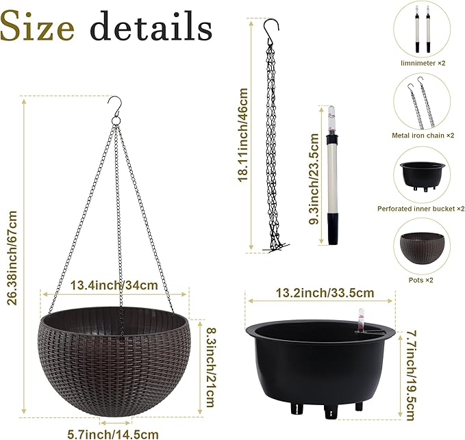 13.4 inch Self Watering Hanging Rattan Planter Large Capacity Root Rot Resistant Water Storage with Water Level Indicator Dual Use for Indoor Balcony Decoration (Pack of 2 Brown)