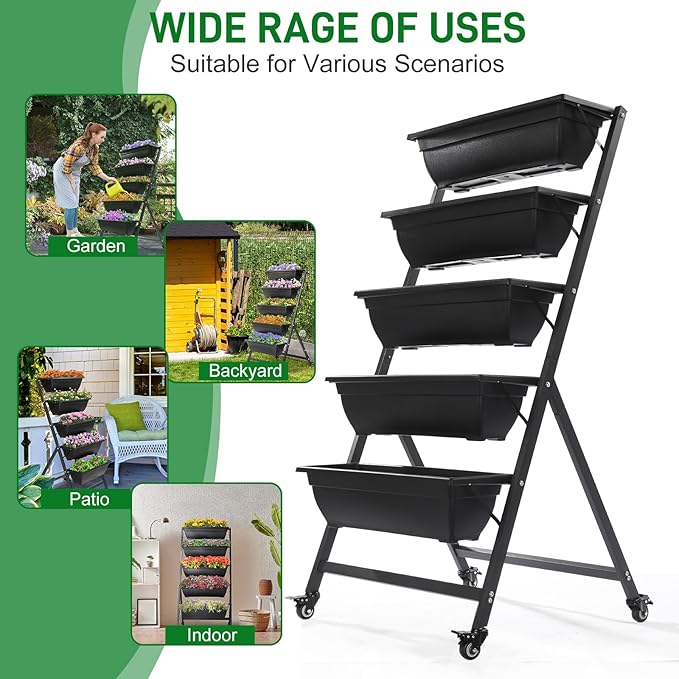 Raised Garden Bed 5 Tier Vertical Garden Planters Indoor Outdoor Raised Planter Box with Wheels Elevated Herb Garden Planter for Flowers Vegetables Plants Black
