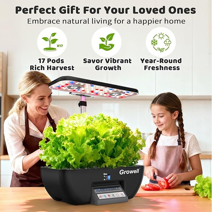 Hydroponics Growing System Kit 17 Pods Indoor Herb Garden with 2 Fans Circulation Grow Light Smart Water Cycle Auto Timer 10L Water Tank Perfect Indoor Gardening System Gifts(Black/Grey)
