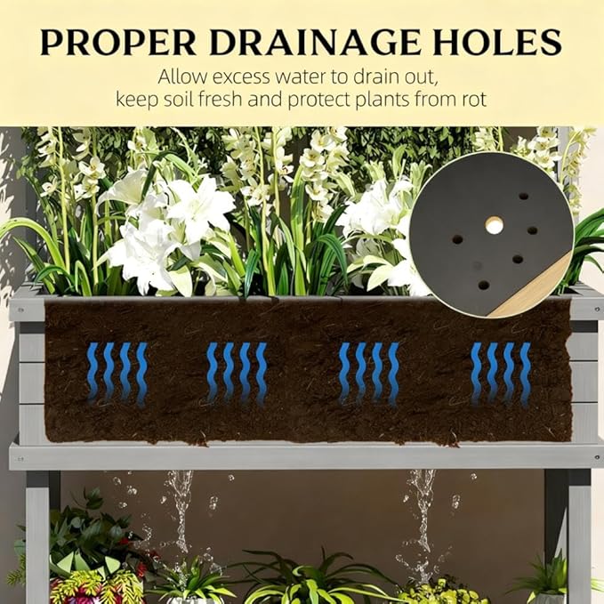 Standing Garden Bed with Built-in Trellis Elevated Wood Planter with Legs &amp Drainage Holes Comfortable Height for Climbing Vegetables &amp Flowers (Grey)