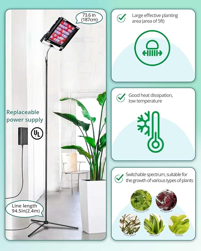 DOMMIA Grow Lights for Indoor Plants Full Spectrum Tall Plant Light Dimmable Adjustable Tripod Standing Grow Lamp Floor Refugium Lamp for Aquarium 45W 66in 6/12/16h
