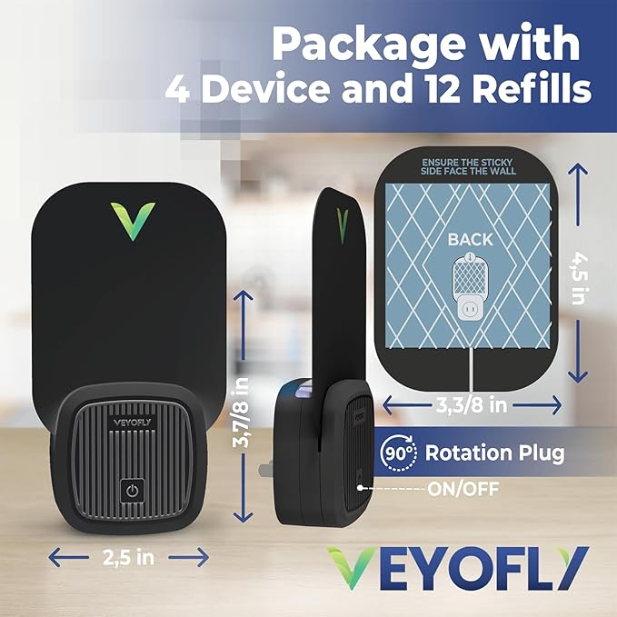 VEYOFLY Fly Trap Indoor Fruit Fly Traps for Indoors (4 Device + 12 Refills) Gnat Traps for House Indoor Fly Catcher Indoor Plug in Light Flying Insect Trap Bug Light Killer Fly Trap