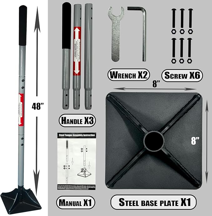 Heavy Duty Steel Tamper 10x10 with 48 inch Ergonomic Handle and Rubber Foam Grip -Garden Landscaping Hand Rammer Compactor for Earth Gravel and Dirt Pavement Compaction Paver Tool Trash Tamper