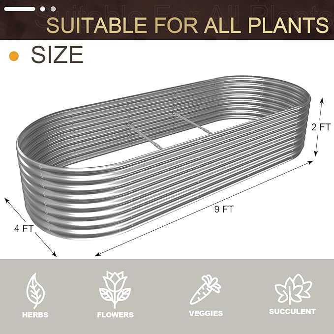 FRIZIONE 9FT(L)×4FT(W)×2FT(H) Galvanized Raised Garden Bed Outdoor Metal Raised Garden Beds for Flower Raised Planter Box Outdoor for Herb Vegetable
