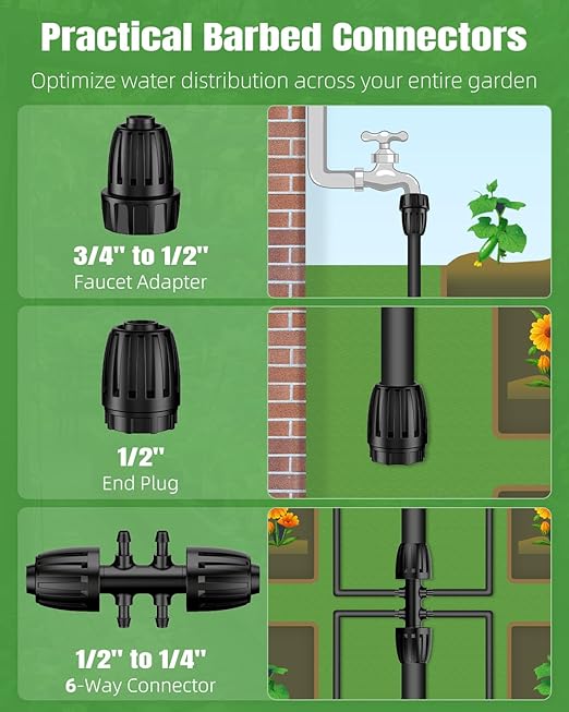 Pawfly Drip Irrigation System for Garden 240FT Drip Irrigation Kit with 1/2 &amp 1/4 Tubing Adjustable Emitters Fittings and Accessories Garden Watering System for Garden Greenhouse Lawn Yard