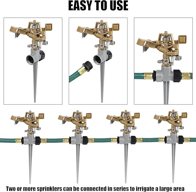 2 Pack Zinc Alloy Impact Sprinklers with Stand (Spike) Heavy Duty Zinc Alloy Lawn Sprinkler Head on Spike Base Adjustable Watering Sprinkler for Large Area Grass Yards Patio Garden Irrigation