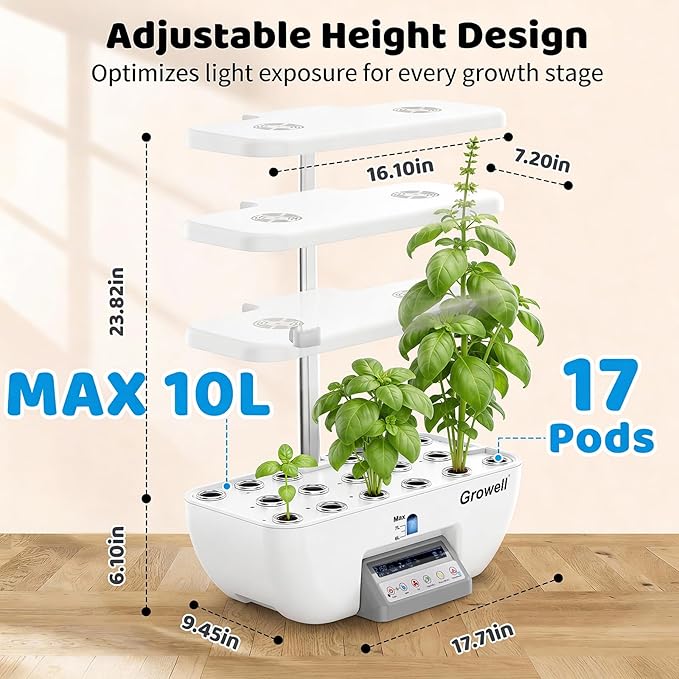 Hydroponics Growing System Kit 17 Pods Indoor Herb Garden with 2 Fans Circulation Grow Light Smart Water Cycle Auto Timer 10L Water Tank Perfect Indoor Gardening System Gifts (White)