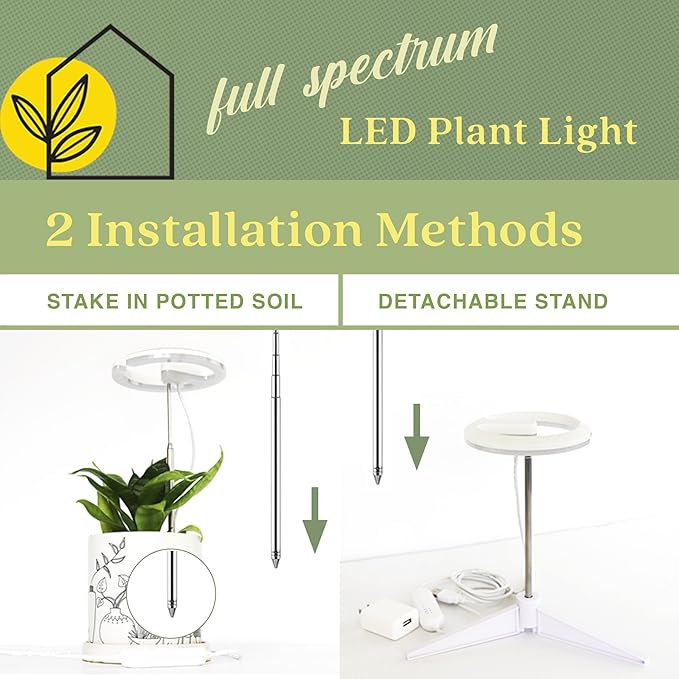 Halo 360 LED Plant Light for Indoor Plants Succulents Orchids Dimmable Adjustable Stand &amp Stake w/USB Adapter &amp Timer 2 Pack