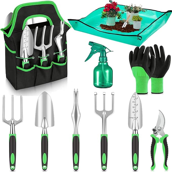 10-Piece Garden Tool Set - Heavy Duty Lightweight Aluminum Alloy Gardening Tools with Storage Tote Bag Rust-Proof Gardening Hand Tools &amp Non-Slip Ergonomic Grip Ideal Gardening Gifts for Women