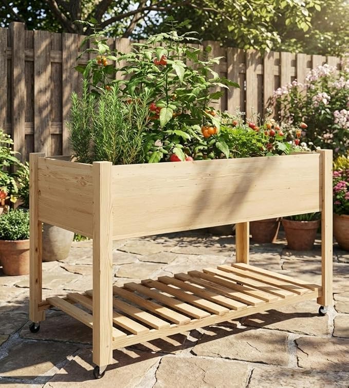 Mobile Wooden Raised Garden Bed Planter Box – Elevated with Wheels Legs Storage Shelf Liner – Ideal for Vegetables Flowers Herbs – Outdoor Patio Backyard – Natural Wood Color