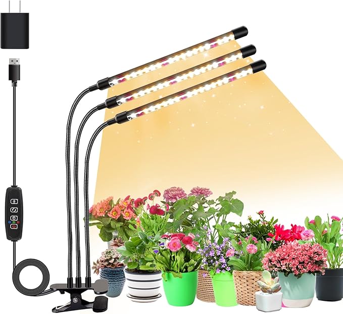 3head Plant Lights for Indoor Growing Grow Light for Indoor Plants Full Spectrum Growing Lamps with Clip Auto ON &amp Off Timer 3/9/12H 3 Switch Modes 10-Level Dimmable Brightness