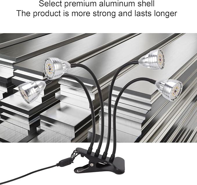 LED Grow Light Aluminium Alloy 4 Heads Bendable Adjustable USB Plant Light with Clip - Flexible 360 Degree Bending Full Indoor Growing Light Plants