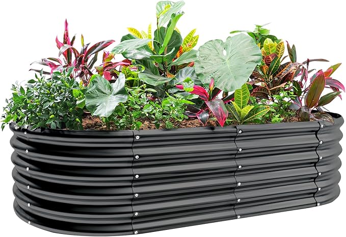 Land Guard 18“ Tall 4×2ft Galvanized Raised Garden Bed Kit Galvanized Planter Garden Boxes Outdoor Oval Large Metal Raised Garden Bed for Vegetables……… (Dark Grey 4×2×1.5ft)