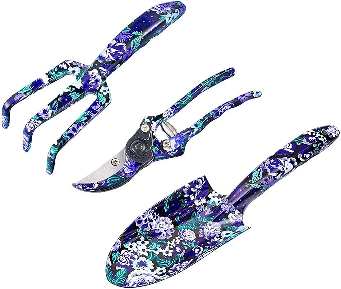 FLORA GUARD Gardening Gifts 3 Piece Aluminum Garden Tool Set - Trowel Cultivator Pruning Shear Gift Set for Women Men Gardening Needs (Purple&ampBlue)