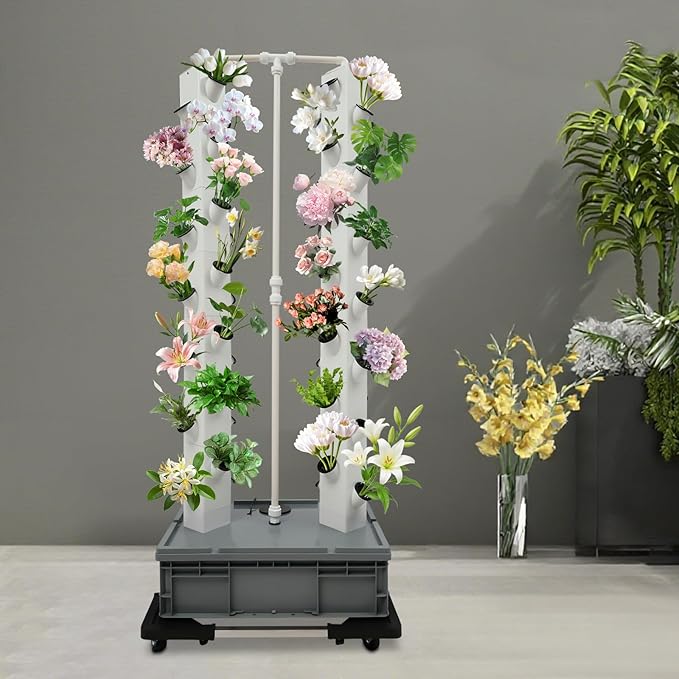 56 Holes Hydroponic Growing Tower 64” Tall Vertical Garden Kit with Timer Indoor Vertical Planter Germination Kit with Water Pump &amp Wheels for Herb Vegetable Planter(White)