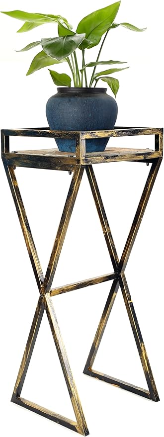 35.5 Gray Stone Slab Black Gold Metal Plant Stand