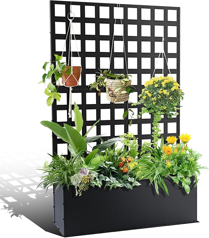 Metal Planter Box with Trellis Galvanized Raised Garden Bed &amp Privacy Screen for Climbing Vegetables Flowers Herbs Rust-Resistant Outdoor Planter Box with Drainage Holes Easy Assembly