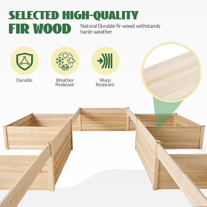 Jocisland H-Shaped Raised Garden Bed 12x12x2 ft 180 cu. ft Capacity Double-Layer Wooden Planter Box for Outdoor Patio Garden