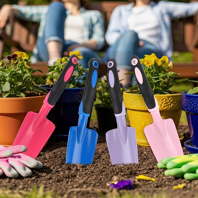 12 Pcs Garden Shovel Aluminum Alloy Heavy Duty Trowel Small Digging Shovels Metal Hand Trowel Spade with Soft Handle for Garden Lawn Yard Planting Tool (Wide ShovelFuchsiaPurpleBluePink)