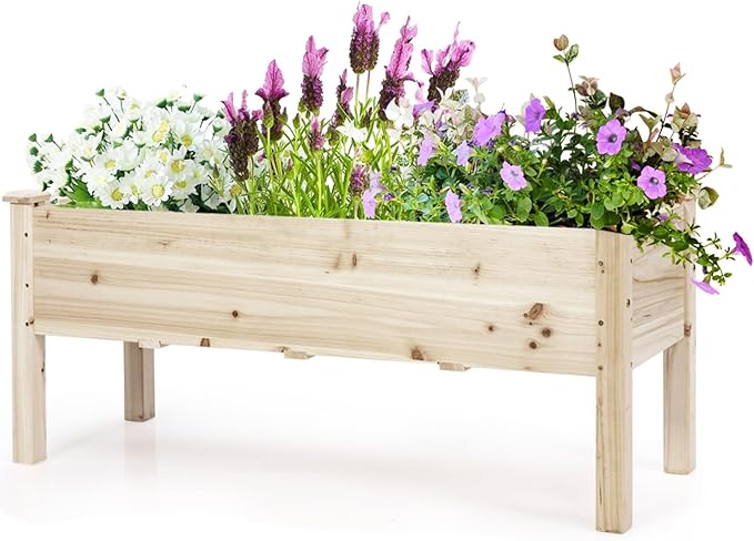 COSTWAY Raised Garden Bed Elevated Fir Wood Planter Box for Vegetables Herbs &amp Flowers – 47.5” x 17” x 20” for Backyard Patio &amp Balcony