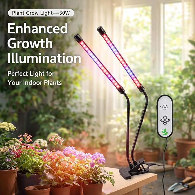 Plant Grow Light Dimmable Dual Head Clip On LED Lamp 30W Full USB Powered - Adjustable Brightness Timing Functions Indoor Gardening