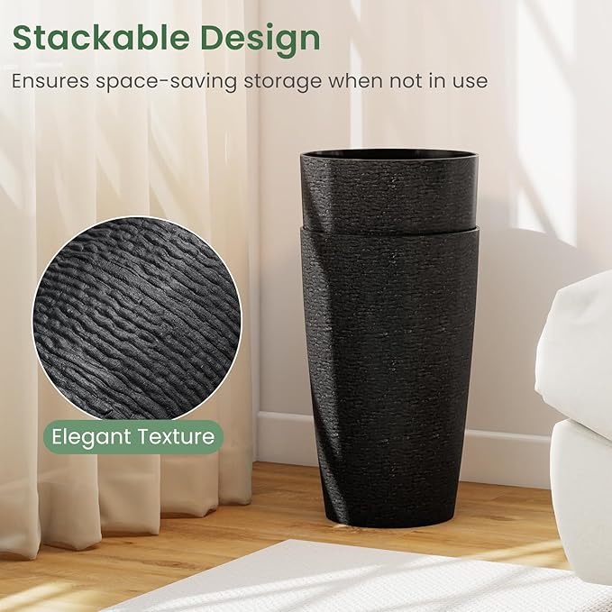 Giantex 21” Tall Plastic Planters Set of 2 Round Tapered All Weather Flower Pots with Drainage System Indoor Outdoor Stackable Decorative Plant Containers for Front Porch Home Garden (Black)