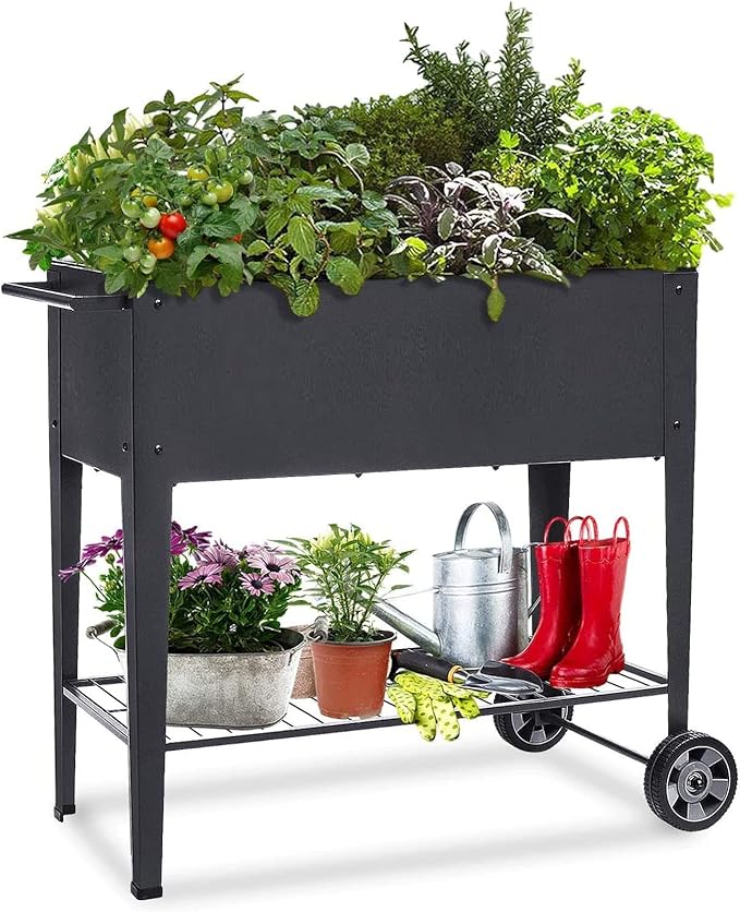 48.5*24.5*35.4in Raised Garden Bed Raised Planter Box with Legs Outdoor Elevated Garden Bed On Wheels for Vegetables Flower Herb Patio （Black）