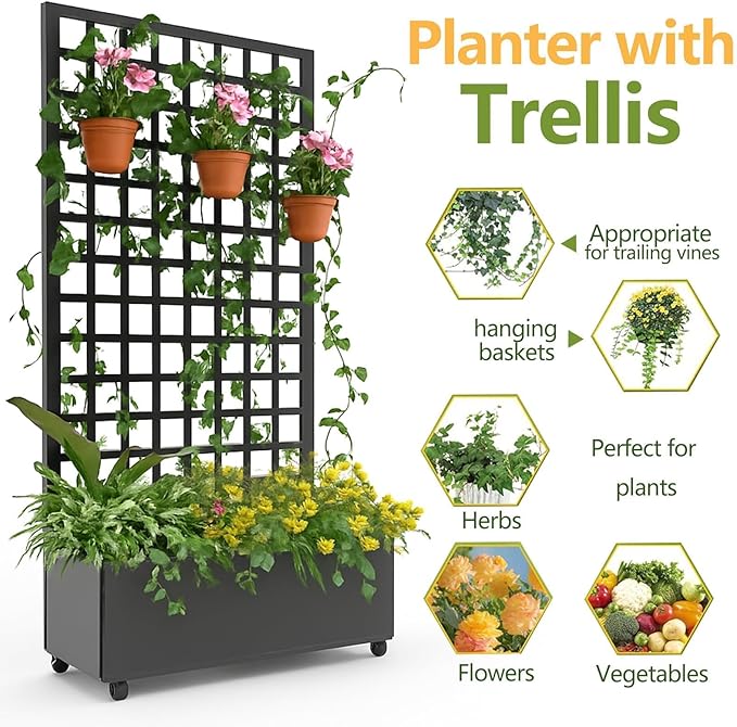 Metal Planter Box with Diamond Trellis 72X47 Galvanized Raised Garden Bed on Locking Wheels Deep Planter with Drainage for Climbing Plants Flowers Patio &amp Balcony Black