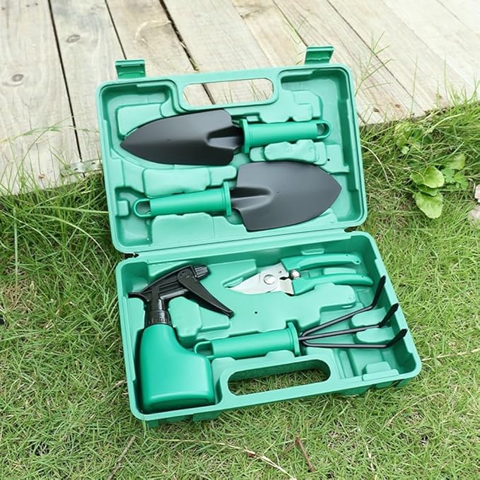 Garden Tools Set 5Pcs Heavy Duty Gardening Hand Tools with Garden Tools Set Trowel Rake Shovels Pruner Sprayer Garden Hand Tools with Carrying Case for Woman/Men