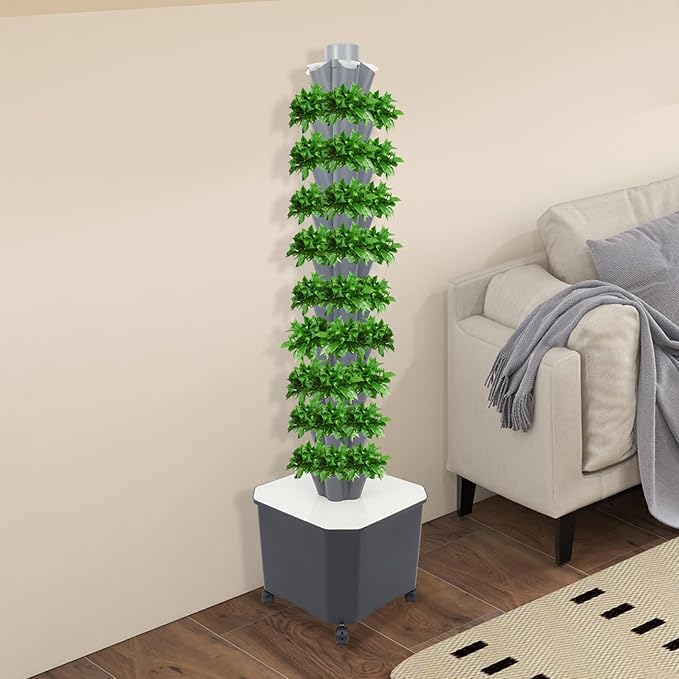 Hydroponic Growing System Kit50-Hole 10-Tier Hydroponics Tower with Automatic Timer WateringAeroponic Tower with Wheelsfor Balcony Home