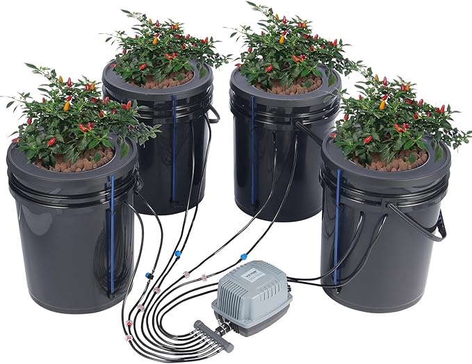 VEVOR DWC Hydroponics Grow System Hydroponic Growing System with Top Drip Kit Deep Water Culture 5-Gallon 4 Buckets with Air Pump Air Stones and Water Level Device for Leafy Vegetables