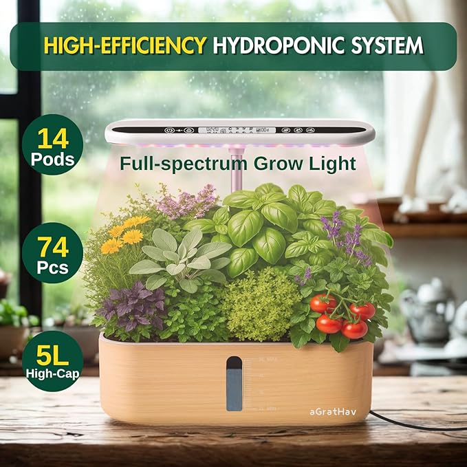 Hydroponics Growing System Kit Indoor Herb Garden 14 Pods Upgraded LCD Display LED Grow Light Quiet Smart Water Pump Automatic Timer Hydroponic Planter for Home Kitchen Office (White)