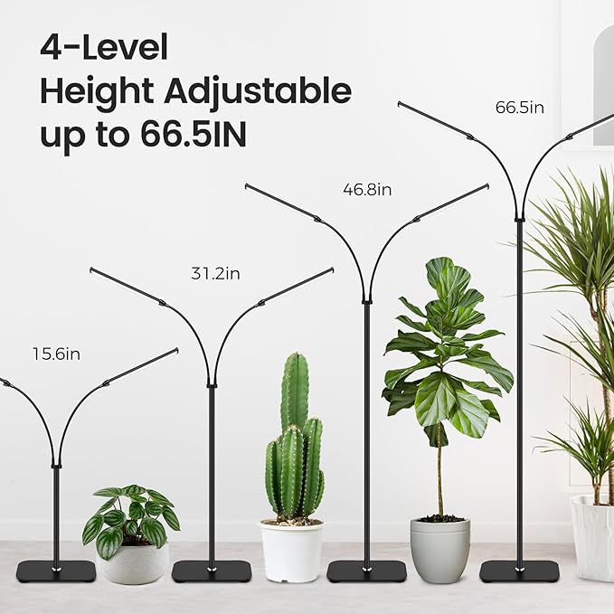 Plant Grow Light for Indoor Full Spectrum Dual Heads Grow Light 66.5in Extendable Stand144 LEDs10-Level Dimmable Auto Timer Adjustable Gooseneck Floor Lamp for Tall Large Plants