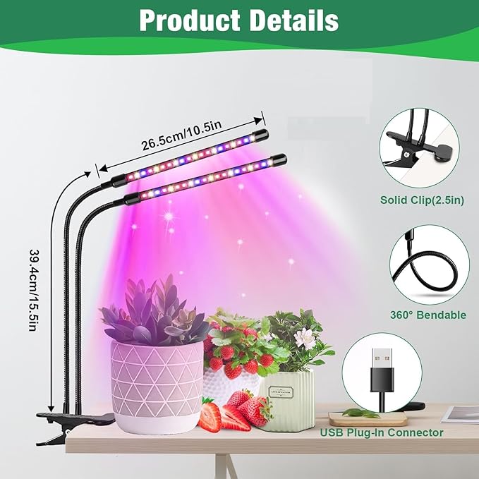 LED Grow Light 4-Head Plant Growing Lamp with Timer 9 Dimming Levels 3 Light Modes USB Powered Flexible Gooseneck (Red Blue Light)