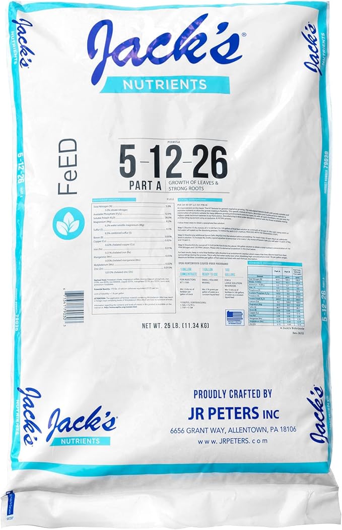 Jack's Nutrients 5-12-26 Part A Water-Soluble Fertilizer for Growth of Leaves and Strong Roots in Plants Grown in Continuous Liquid Feed Programs 25lbs