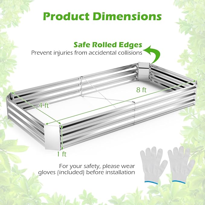 HAPPYGRILL 8x4x1FT Galvanized Raised Garden Bed Outdoor Metal Planter Box for Vegetable Flower Fruit Herb Galvanized Metal Garden Box with Open-Ended Base