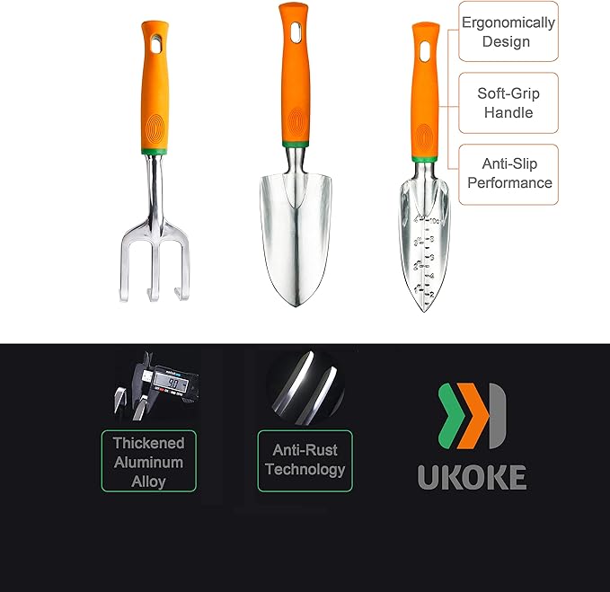 UKOKE Garden Tool Set 3 Piece Aluminum Hand Tool Kit Outdoor Tool Heavy Duty Gardening Work Set with Ergonomic Handle Gardening Tools for Women Men