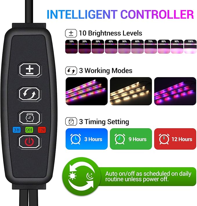 LED Grow Lights Strips for Indoor Plants 3 Working Modes &amp 10 Dimmable Levels Plant Lights with Auto Cycle Timer 3/9/12Hrs 36W Full Spectrum DIY Growing Lamps for Seedings Hydroponics 6 Strips