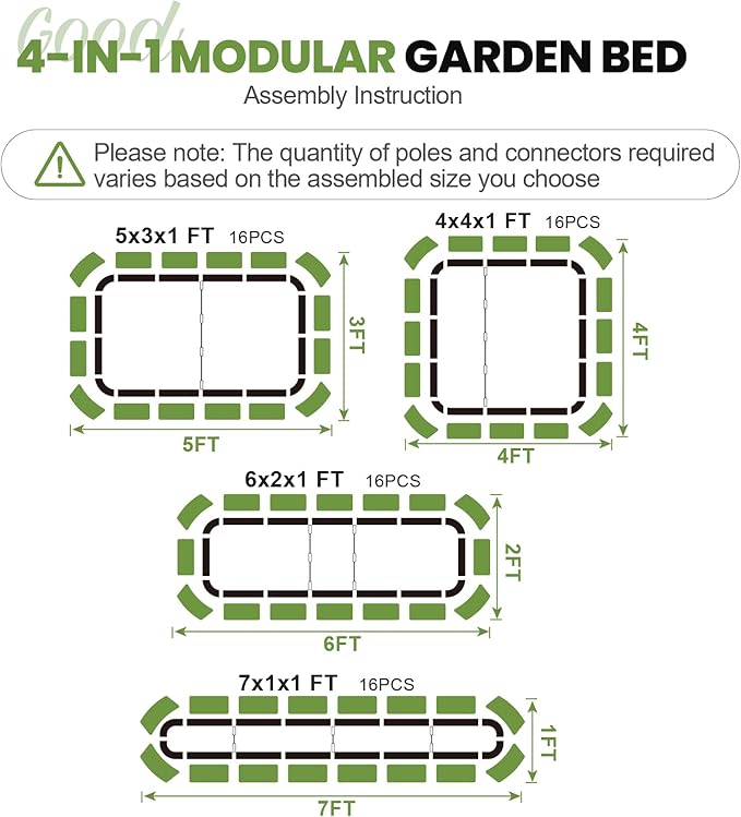 G GOOD GAIN 4-in-1 Adjustable Raised Garden Bed Kit | Galvanized Planter Boxes for Vegetables Flowers | 12 Tall Multiple Sizes (5x3x1ft 4x4x1ft 6x2x1ft 7x1x1ft) | Outdoor Metal Raised Bed Green