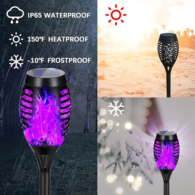 Solar Lights Outdoor Decorations Upgraded Purple Flickering Flame Waterproof Halloween Torch Lights Tiki Torches for Outside Patio Pathway Decor 6 Pack (18)