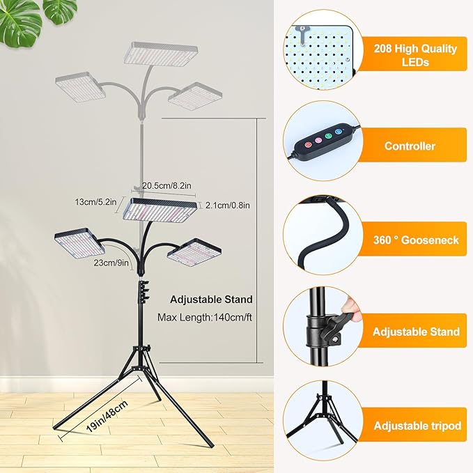 FECiDA 2026 3Head Grow Light with Stand 75 Watt Power Draw Bright and Big Coverage Grow Lights for Large Houseplants Bonsai Tree 4/8/12/16/20 Hr Timer 24-72 Height Adjustable 360° Gooseneck