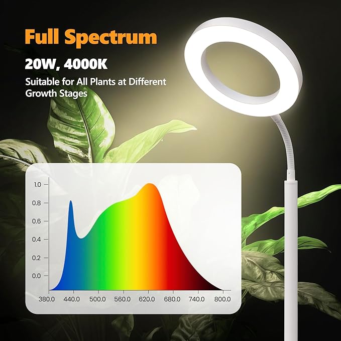 Plant Grow Light 20W Growing Lights for Indoor Plants Full Spectrum LED Floor Lamp with Height Adjustable Stand Auto Timer 3/9/12H10 Dimmable Brightness for Small Large Tall Plants Growth