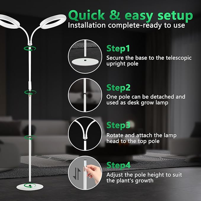 Floor Grow Lights for Indoor Full Spectrum Plant Lighting with Adjustable 68 Stand for Growing Large Tall Plants 3/9/12H Timer3 Light Modes 2Heads