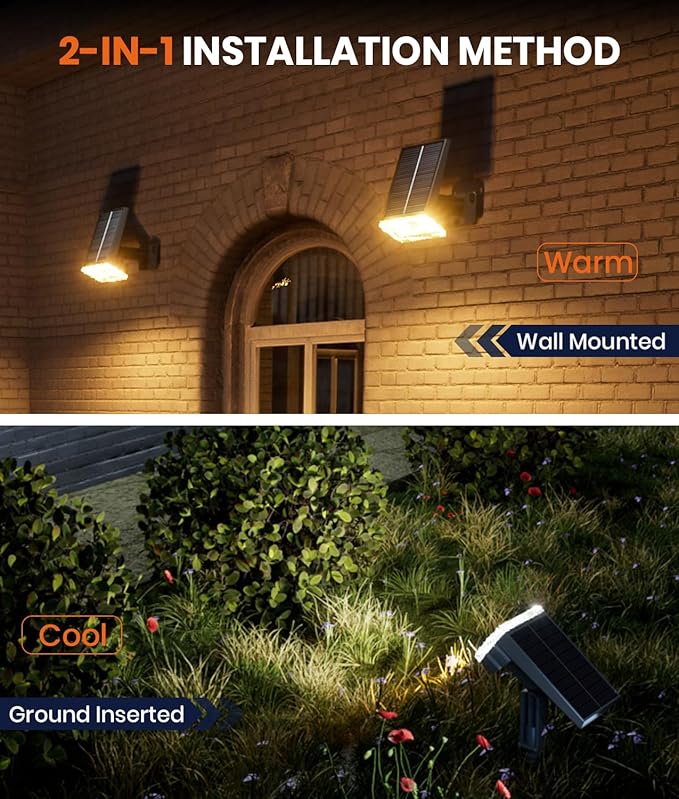 2-Pack Solar Lights Outdoor Waterproof IP67 3 Color Modes (Warm/Cool White &amp Hybrid) with 3 Lighting Modes 105° Adjustable Dusk to Dawn Solar Spotlights for Pathway/Garden/Yard Wall/Ground Light